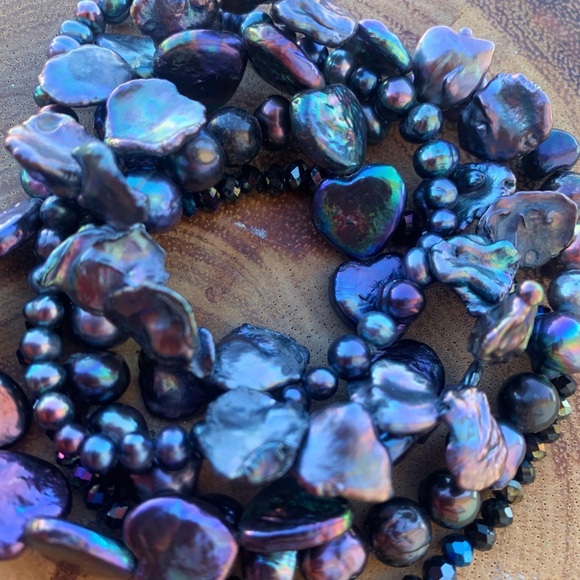 Natural Black Peacock Baroque Freshwater Pearl Cultured Bead Bracelet Stack - Picture 4 of 10